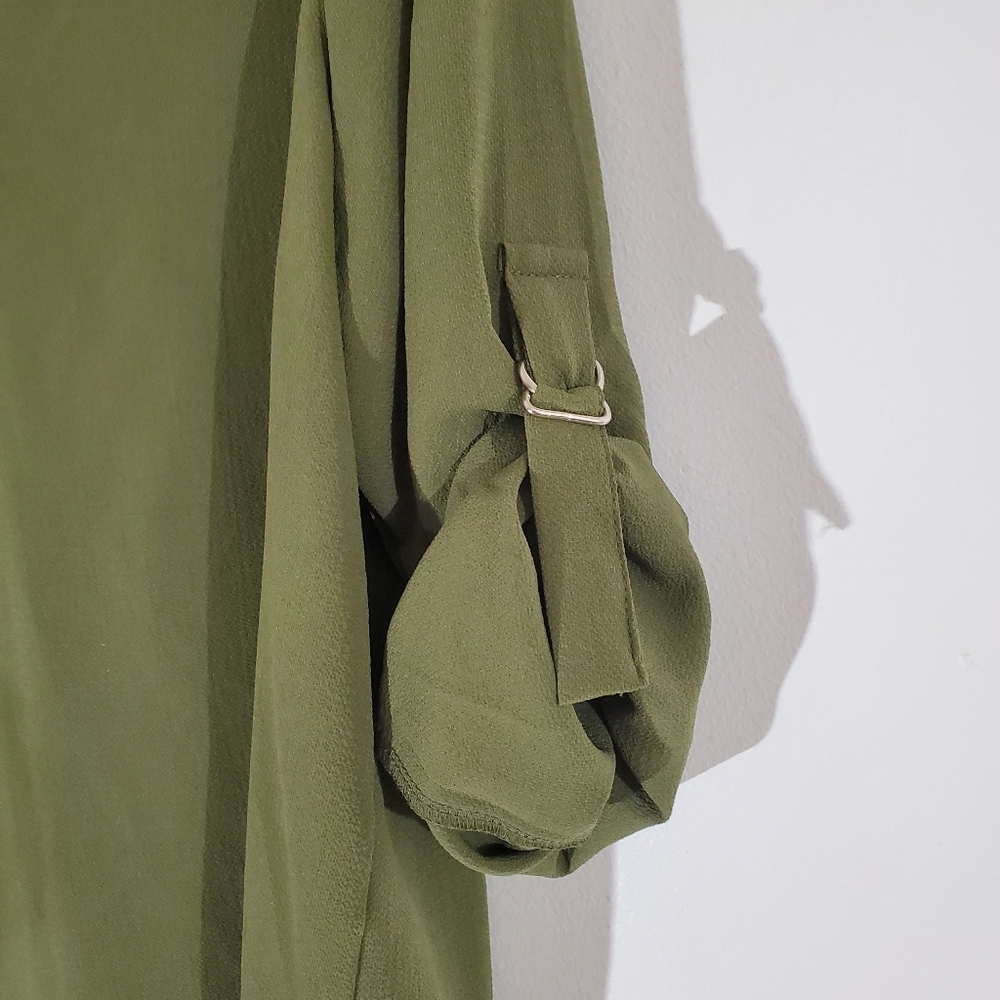 OLIVE GREEN Woman's Blouse Size Large Roll Tab Sleeves - Picture 5 of 6